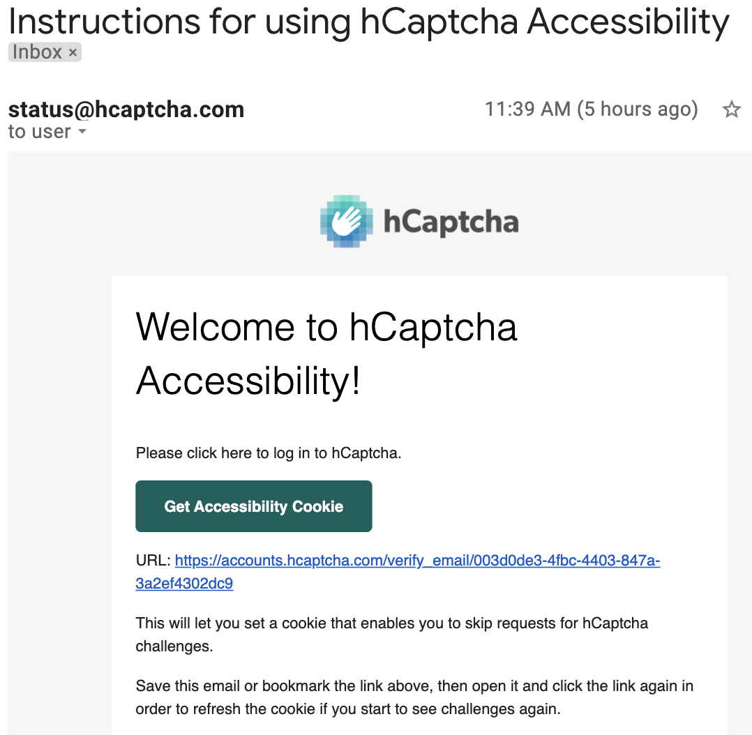 Image of accessibility email from hCaptcha