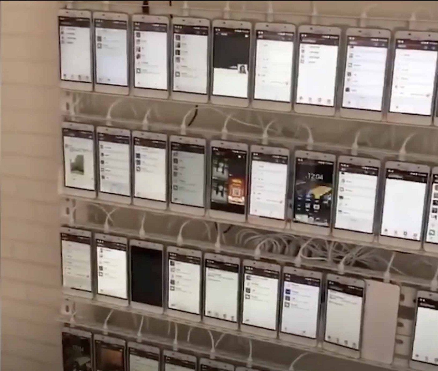 A wall of more than 10,000 phones used for abuse, part of a Chinese bot operation.